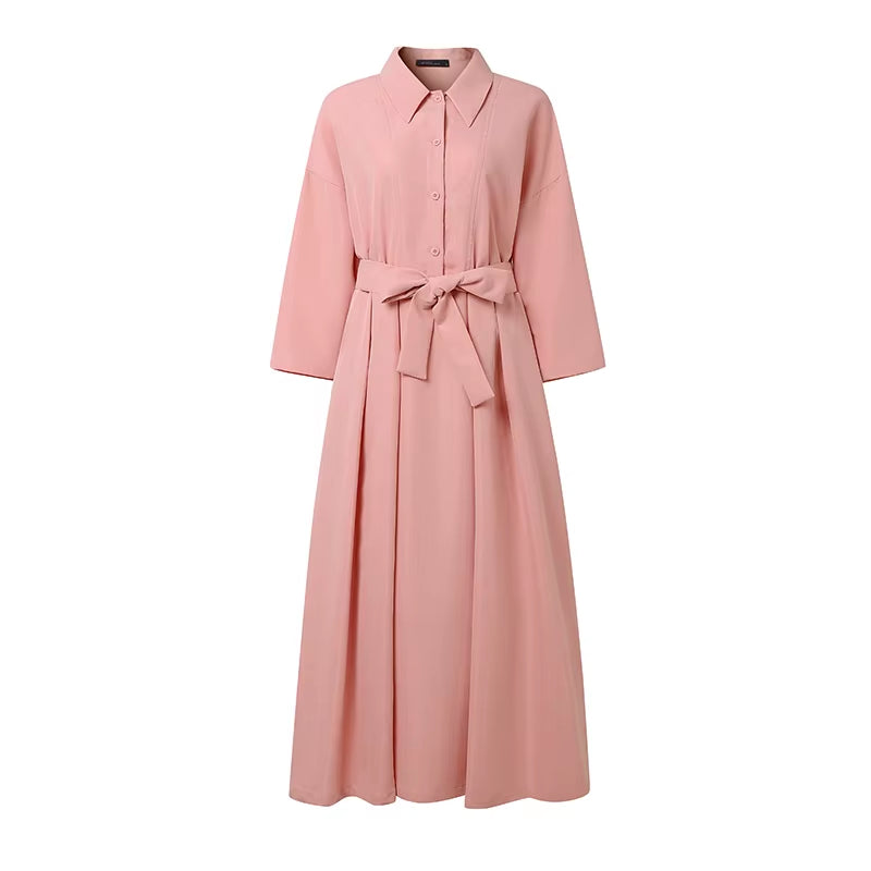 plus Size Women Stylish Belted Pleated Maxi Dresses Long Sleeve Lapel Half Buttons Solid Color Long Dress Streetwear 5XL