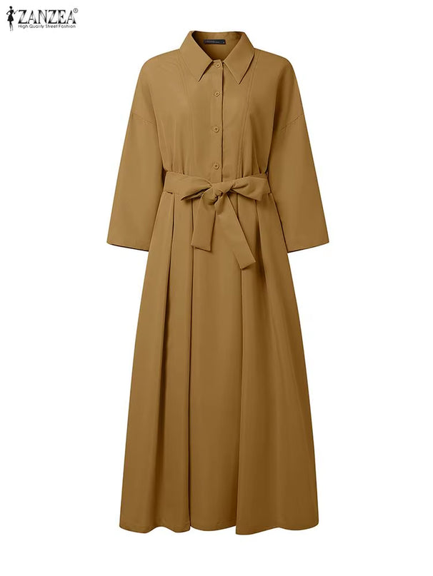 plus Size Women Stylish Belted Pleated Maxi Dresses Long Sleeve Lapel Half Buttons Solid Color Long Dress Streetwear 5XL