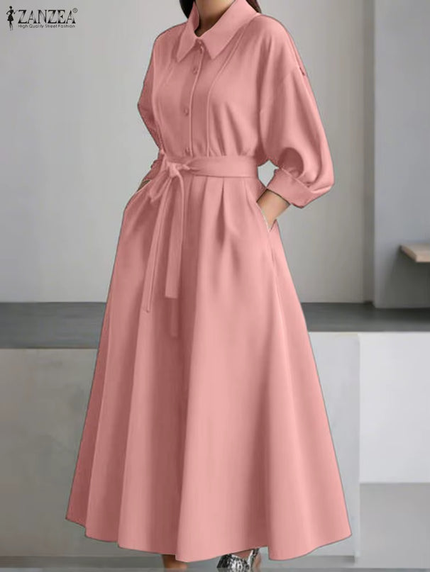 plus Size Women Stylish Belted Pleated Maxi Dresses Long Sleeve Lapel Half Buttons Solid Color Long Dress Streetwear 5XL