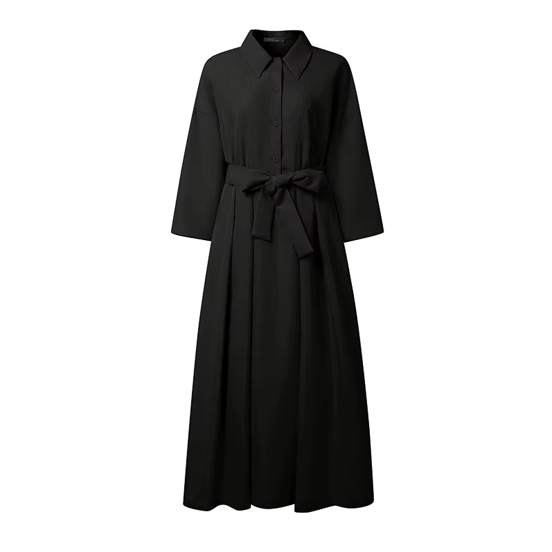 plus Size Women Stylish Belted Pleated Maxi Dresses Long Sleeve Lapel Half Buttons Solid Color Long Dress Streetwear 5XL