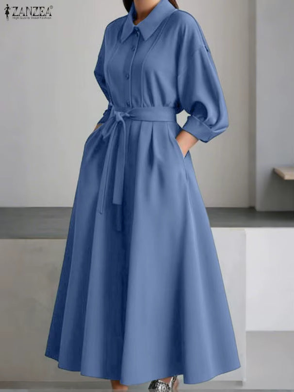 plus Size Women Stylish Belted Pleated Maxi Dresses Long Sleeve Lapel Half Buttons Solid Color Long Dress Streetwear 5XL