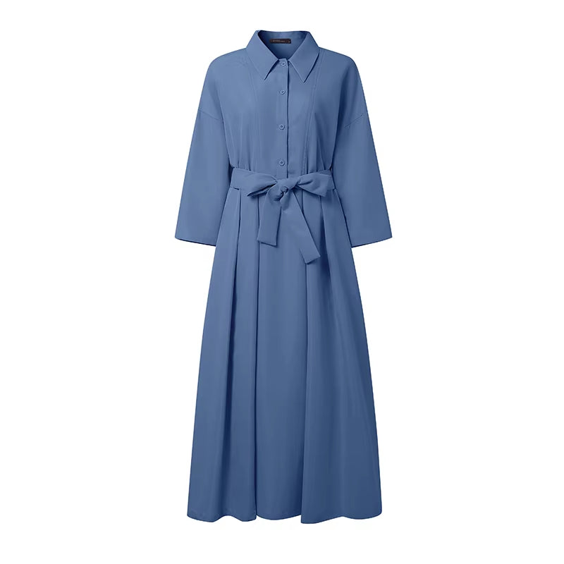 plus Size Women Stylish Belted Pleated Maxi Dresses Long Sleeve Lapel Half Buttons Solid Color Long Dress Streetwear 5XL