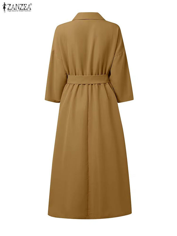 plus Size Women Stylish Belted Pleated Maxi Dresses Long Sleeve Lapel Half Buttons Solid Color Long Dress Streetwear 5XL