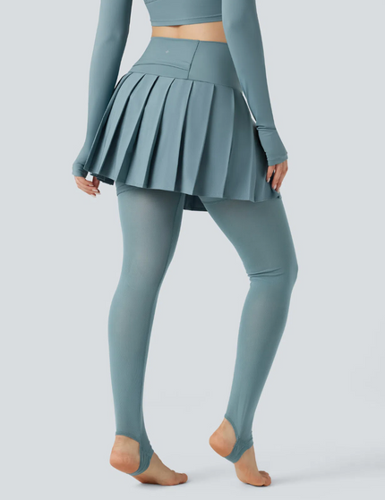 EVORA® High Waisted Pleated 2-in-1 Contrast Mesh Quick Dry Dance Stirrup Skirted Leggings with Pockets