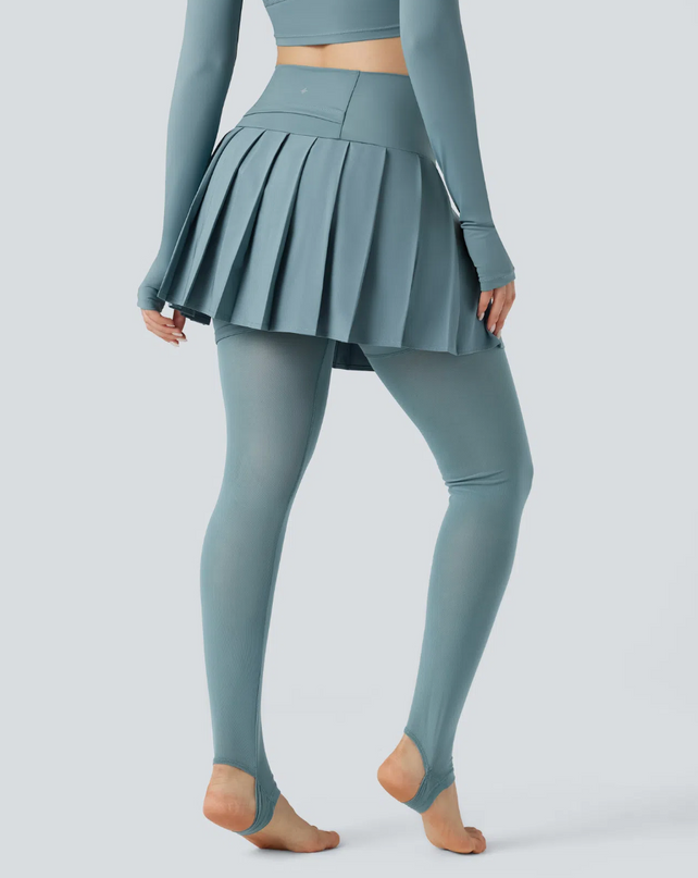 EVORA® High Waisted Pleated 2-in-1 Contrast Mesh Quick Dry Dance Stirrup Skirted Leggings with Pockets