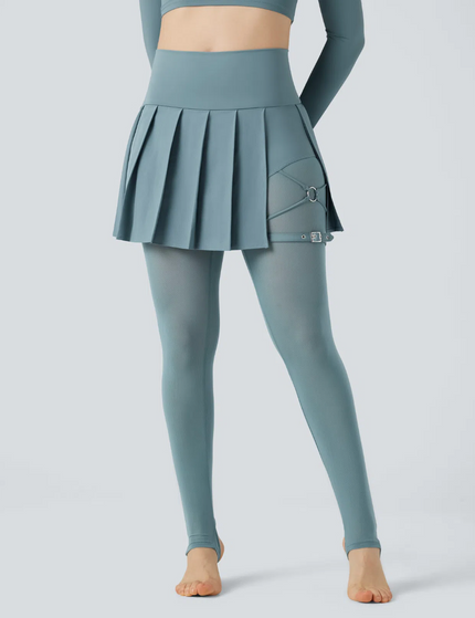 EVORA® High Waisted Pleated 2-in-1 Contrast Mesh Quick Dry Dance Stirrup Skirted Leggings with Pockets