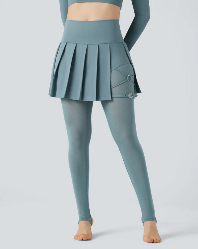 EVORA® High Waisted Pleated 2-in-1 Contrast Mesh Quick Dry Dance Stirrup Skirted Leggings with Pockets