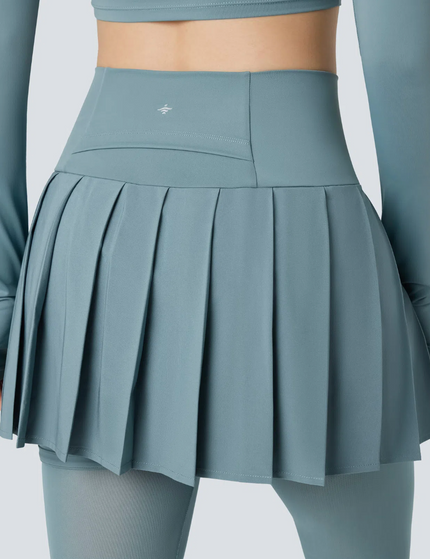 EVORA® High Waisted Pleated 2-in-1 Contrast Mesh Quick Dry Dance Stirrup Skirted Leggings with Pockets