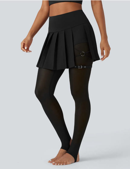 EVORA® High Waisted Pleated 2-in-1 Contrast Mesh Quick Dry Dance Stirrup Skirted Leggings with Pockets