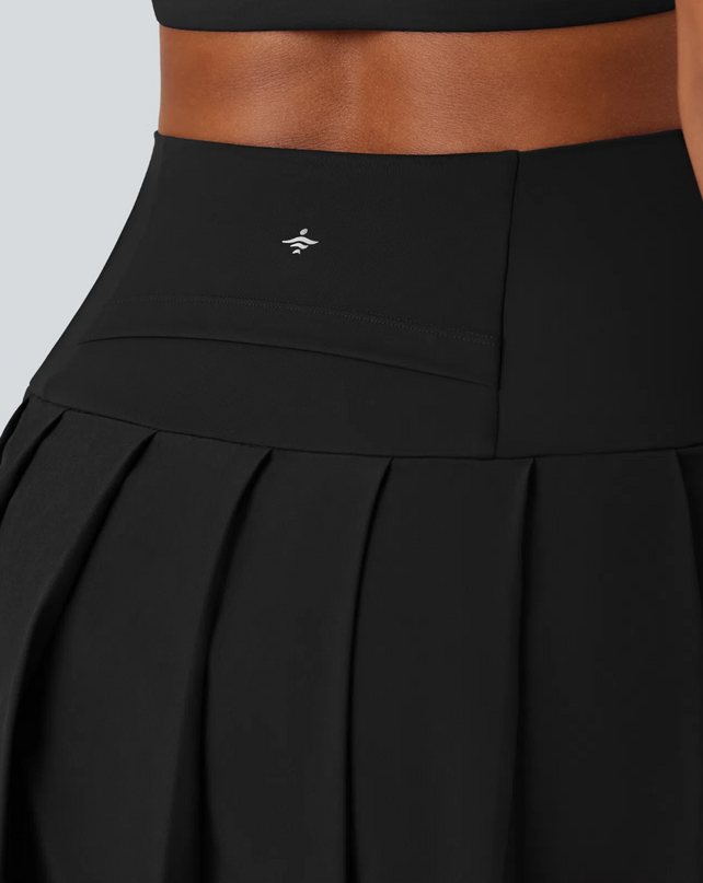 EVORA® High Waisted Pleated 2-in-1 Contrast Mesh Quick Dry Dance Stirrup Skirted Leggings with Pockets