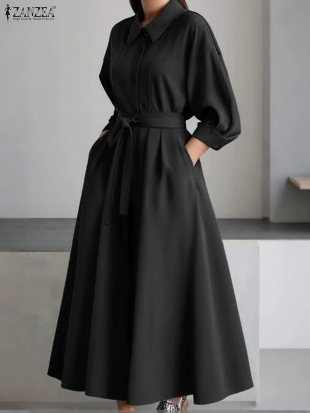 plus Size Women Stylish Belted Pleated Maxi Dresses Long Sleeve Lapel Half Buttons Solid Color Long Dress Streetwear 5XL