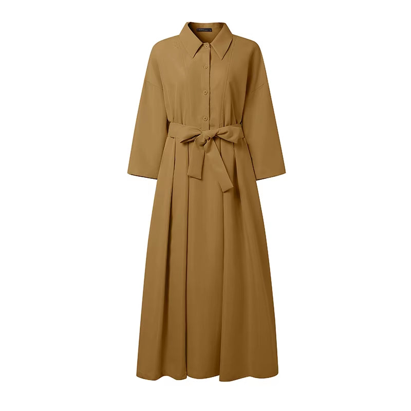 plus Size Women Stylish Belted Pleated Maxi Dresses Long Sleeve Lapel Half Buttons Solid Color Long Dress Streetwear 5XL