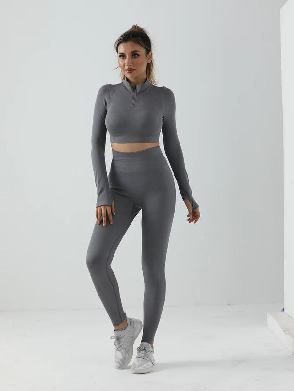 Women' High Waist Gym Matching Set Seamless Yoga Outfit Sportswear Woman Gym Sports Leggings and Long Sleeve Set Tummy Control