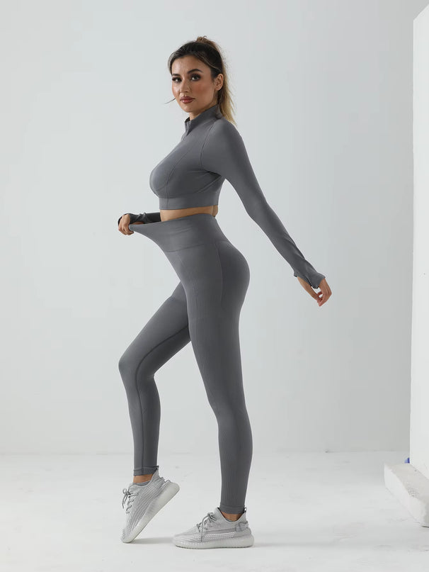 Women' High Waist Gym Matching Set Seamless Yoga Outfit Sportswear Woman Gym Sports Leggings and Long Sleeve Set Tummy Control